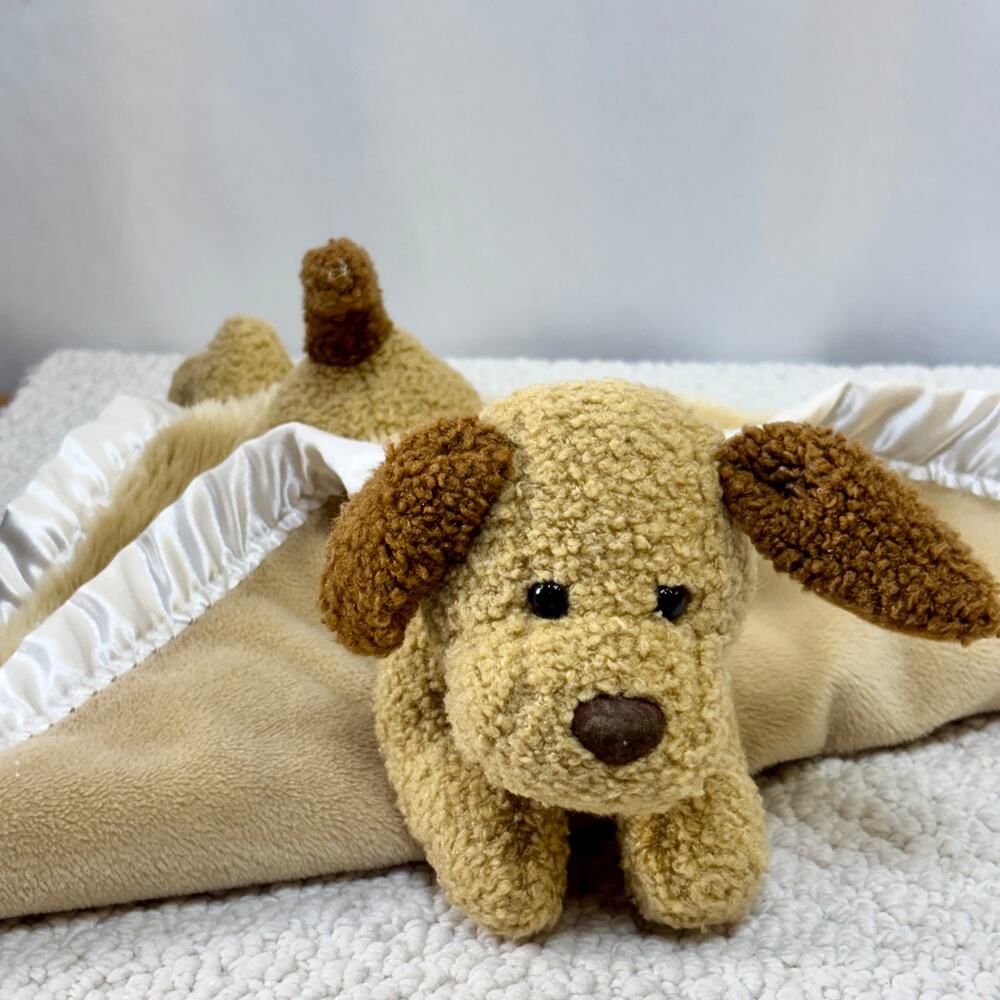My Banky Rich Puppy Dog Security Blanket Baby Lovey 15" Tan W/ Cream Satin Edge